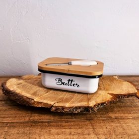 Elegante Butterdose im Landhausstil mit Bambusdeckel & Messer